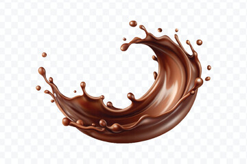 realistic 3d chocolate fluid splash flow with drops, bubbles  in curve style isolated on transparent background