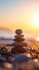 Stacked stones at sunrise on beach (1)