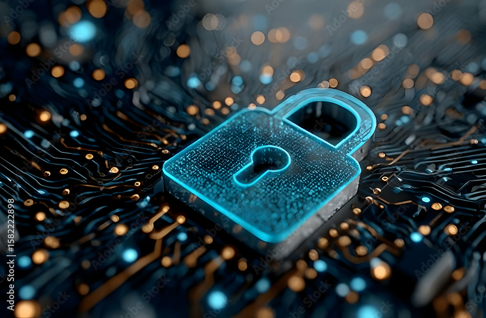 Poster a futuristic padlock symbol stands out against a background of circuit board patterns, representing 
