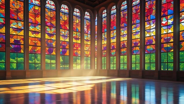 Spiritual background of a sacred sanctuary. Divine sunbeams stream through colorful stained glass windows, illuminating a grand, empty hall.

