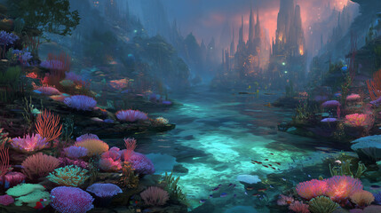 Enchanting fantasy illustration depicting an underwater city filled with glowing coral reefs, vibrant sea life, and magical lighting. Perfect backdrop for fantasy-themed games, animations