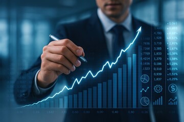 Business Chart: A focused business person, elegantly clad, points with a pen toward an ascending financial graph. This depiction underscores the ambition of expansion.