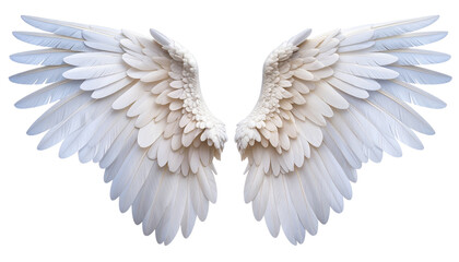 Fototapeta premium Stunning oversized fantasy angel wings with layered feathers, flowing curves, and ethereal glow. Designed with a dramatic, majestic shape, isolated on a transparent background