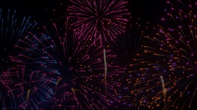 Vibrant Fireworks Display Colorful Bursts of Blue, Pink, and Orange Lights Illuminate Night Sky, Creating Festive and Celebratory Atmosphere