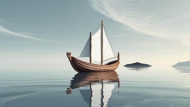 Lone sailboat on a calm, tranquil sea with a perfect reflection. Peaceful concept for a journey, adventure, freedom, and dreams.

 - Powered by Adobe