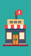 A small, green building with a red door and a white sign on the front. The sign is orange and white, and it reads "Open." The building has a storefront, and it is a store or a shop