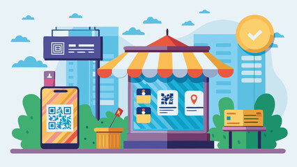 A colorful city scene with a store front and a phone with a QR code on it. Concept of modernity and convenience, as the QR code suggests that the store is using technology to facilitate transactions