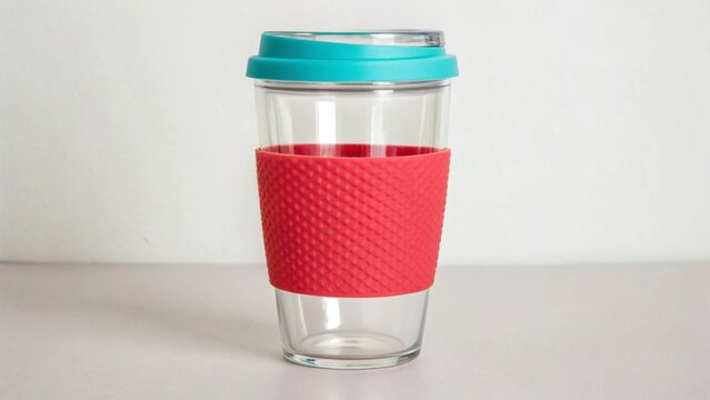 A clear glass coffee cup with a red and blue silicone sleeve and lid is isolated on white background, promoting sustainable living