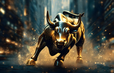 A dynamic golden bull symbolizing strength and market growth, charging through a digitally enhanced urban landscape, showcasing the essence of financial power.