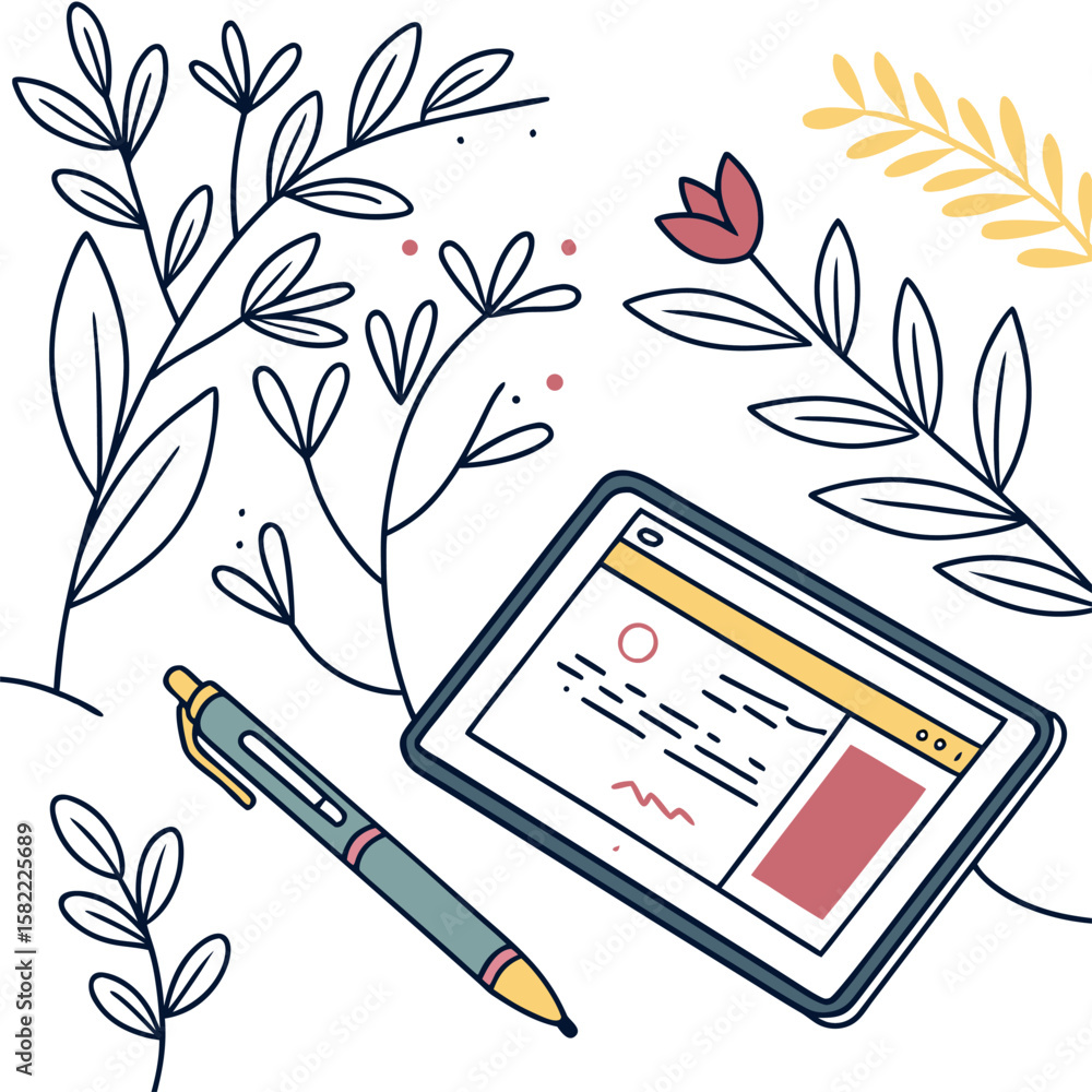Fototapete a tablet computer with a stylized website displaying text and graphics alongside a pen and decorativ