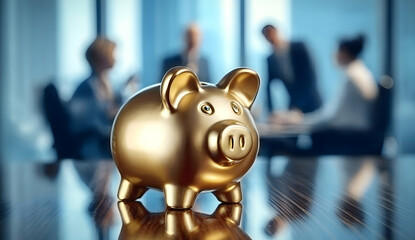 A golden piggy bank symbolizes financial success and savings in a corporate meeting setting, highlighting the importance of smart investments.