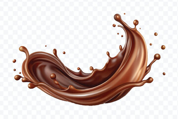 realistic 3d chocolate fluid splash flow with drops, bubbles  in curve style isolated on transparent background