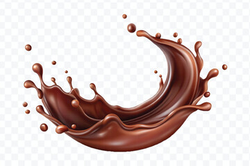 realistic 3d chocolate fluid splash flow with drops, bubbles  in curve style isolated on transparent background