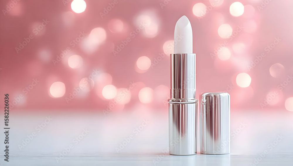 Poster a close-up of a pristine lipstick on a soft pink background with sparkling bokeh, showcasing beauty 