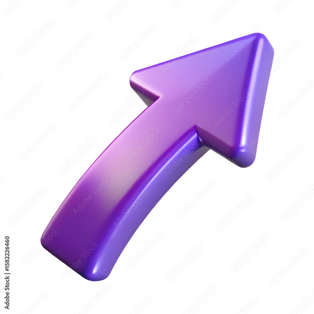 Poster glossy purple arrow pointing upward and right 3d render on transparent background