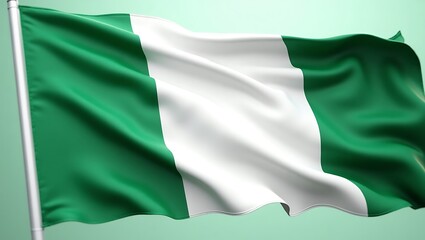 Obraz premium The Nigerian flag waving in the wind, showcasing its green and white stripes against a light green background.