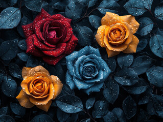 Vibrant red, orange, and blue roses with dewdrops create striking contrast against dark leaves, evoking sense of elegance and tranquility