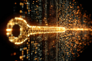 A digitally rendered key composed of vibrant golden particles, symbolizing data security and encryption in the modern technology landscape.