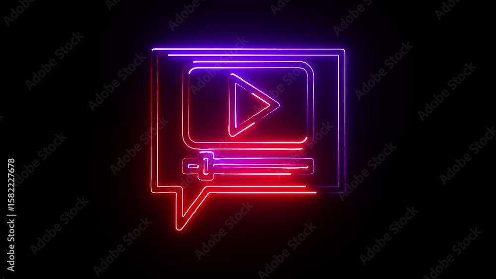 Poster neon glowing icon of a chat bubble with play button and video elements, illuminated in red and purpl