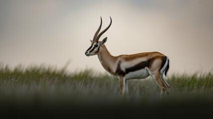 Naklejka premium A black and white minimalist illustration of a gazelle standing in tall grass.
