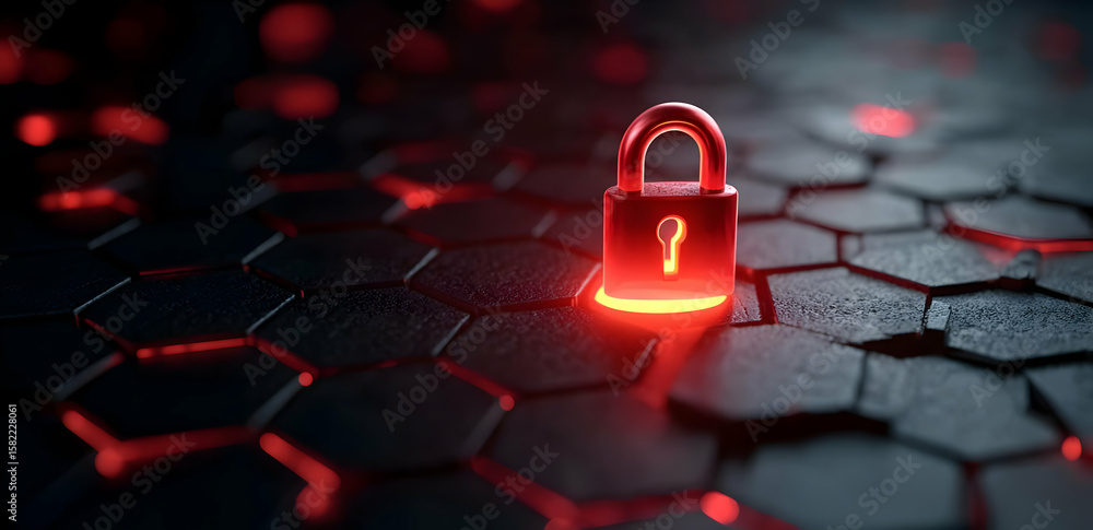 Poster a glowing red padlock on a hexagonal textured surface symbolizes security and digital protection in 