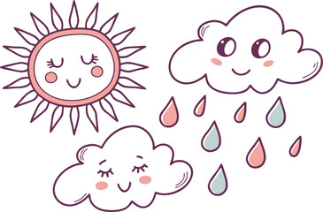Cute cartoon sun and two smiling clouds with falling raindrops in soft pastel colors perfect for children s illustrations and weather themes