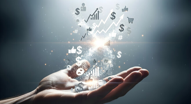 Financial and social growth concepts radiate from an open palm in a dynamic digital representation