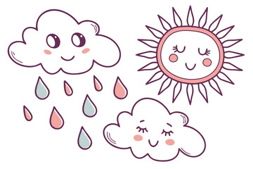 Cute cartoon sun and two happy clouds with rain drops and blush cheeks hand drawn style isolated on white background weather concept illustration