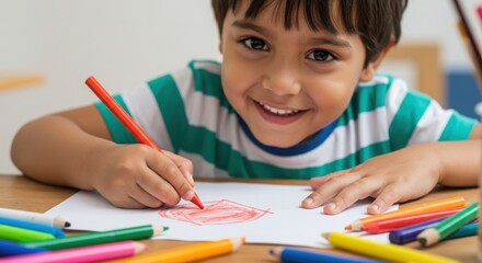 Boy smiling while drawing a heart during art-based donation program