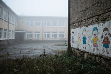 Scary empty foggy town liminal space