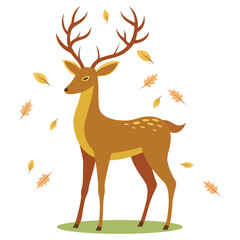 Stylized Deer Illustration with Falling Autumn Leaves on a White Background