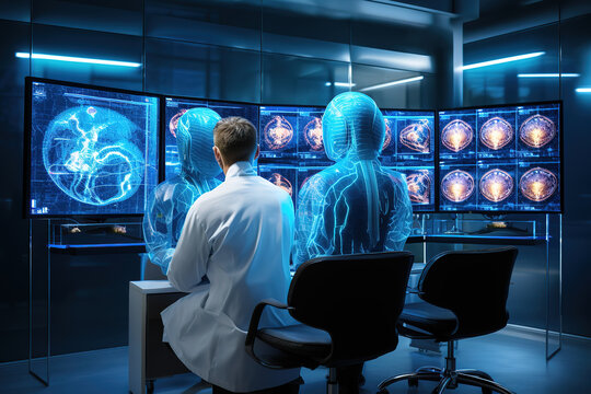Healthcare monitors illustrating brain scan outcomes as patient undergoes imaging