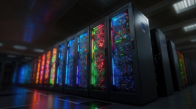 Colorful server racks in a data center