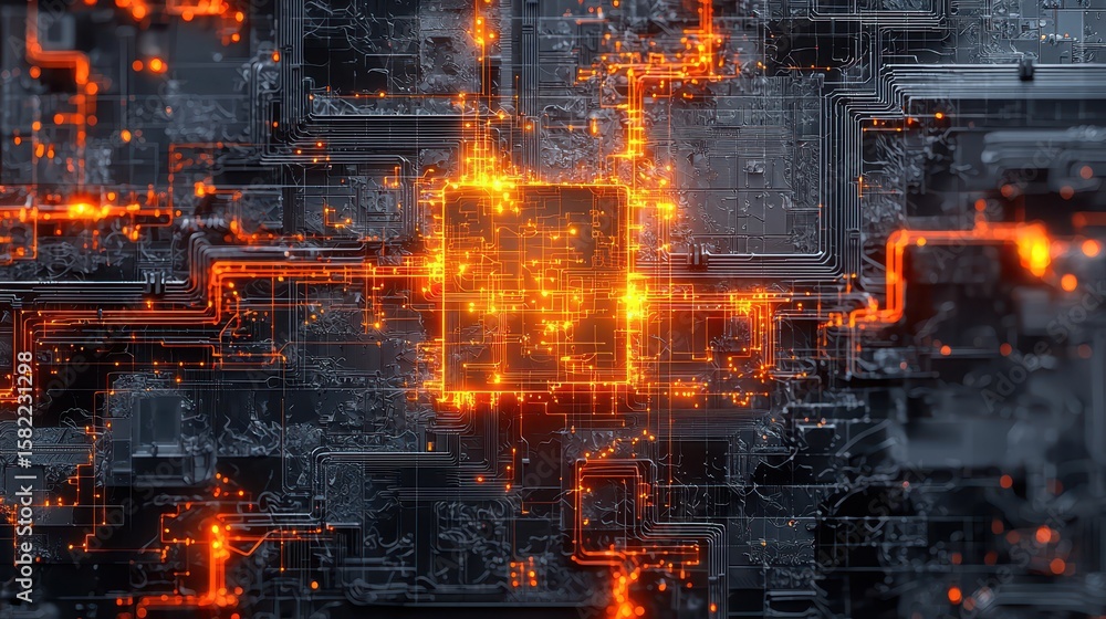 Poster engineer design construction concept. abstract circuit board design with glowing orange elements in 