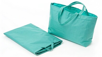 A turquoise tote bag and its folded version are displayed isolated on white background, showcasing its packable and reusable design
