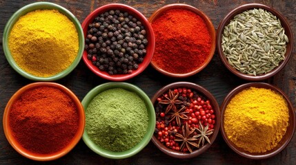 Colorful spice collection on dark wood