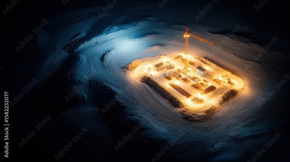 Poster engineer design construction concept. a digital illustration of a glowing island with structures sur