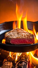Steak searing in hot cast iron pan over fire