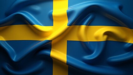 A close-up view of the flowing Swedish flag, with blue and yellow colors.
