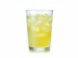 Refreshing yellow drink with ice in a clear glass isolated white background 