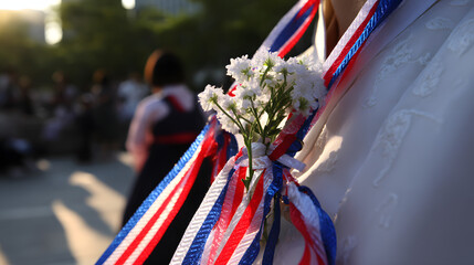Taegeukgi ribbons and mugunghwa flowers, symbolizing Korean pride and liberation, with traditional hanbok softly in the background