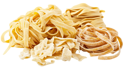 A collection of pasta shapes including fettuccine varieties on white background