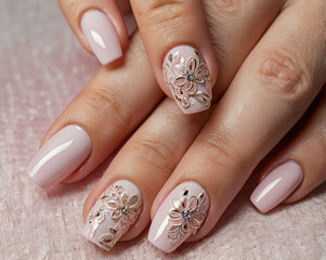 Delicate floral nail art with pink polish nails manicure