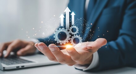 Businessman holding gears and upward arrows with digital network overlay success growth