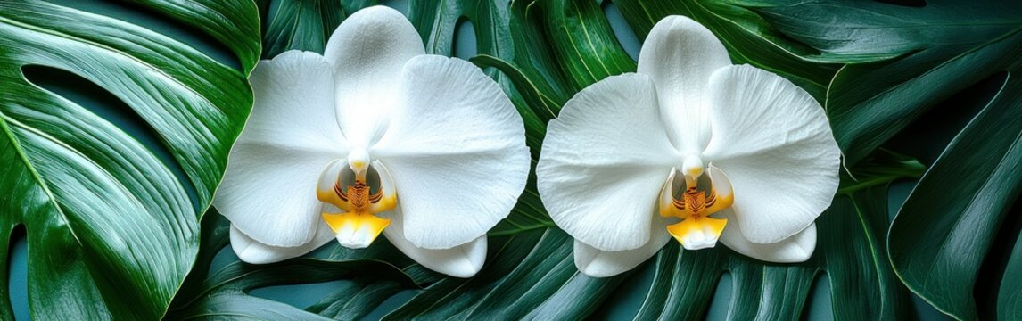 Two white orchids on green monstera leaves backdrop - Powered by Adobe