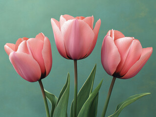 Three pink tulips with delicate petals stand gracefully against soft green background, creating serene and elegant floral composition