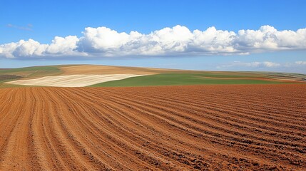 Plowed fields stretch to rolling hills under a bright blue sky dotted with fluffy white clouds.  The rich, red-brown soil contrasts with the green and tan of the distant hills