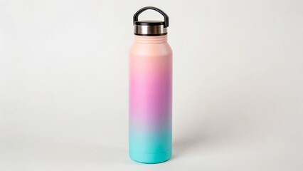 A pink and blue ombre insulated water bottle stands tall, isolated on white background