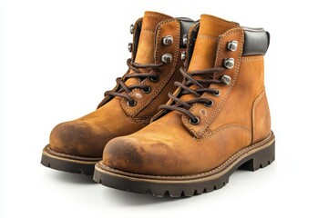 Durable tan work boots weathered leather robust footwear laced outdoor on white background. Generative Ai