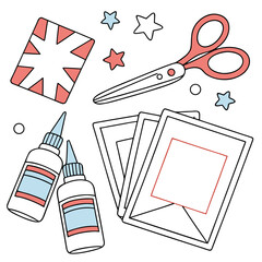 Illustration of crafting supplies featuring scissors, glue, paper and star shaped embellishments